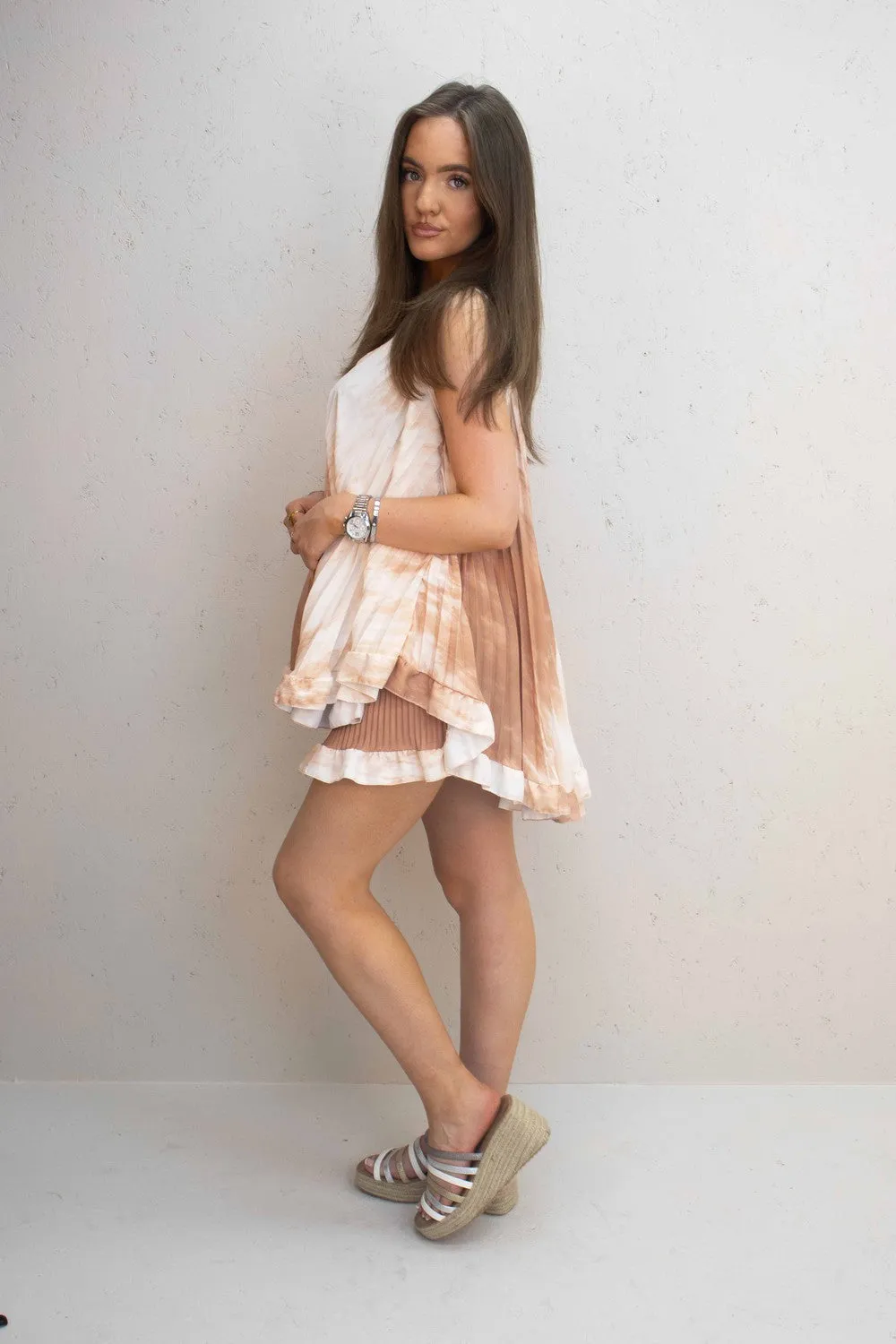 Daisy Tie Dye Spaghetti Strap Frill Short Set Beige