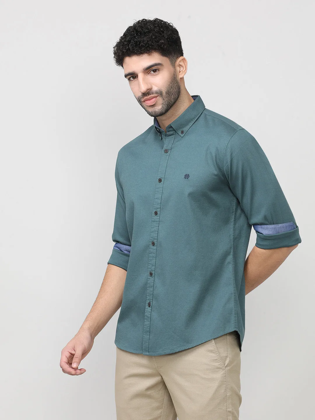 Dark Slate Dobby Lycra Plain Shirt With Button Down Collar