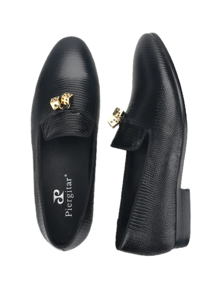 Italian design black lizard pattern embossed cowhide men's loafers gold titanium steel metal tassel yuppie shoes
