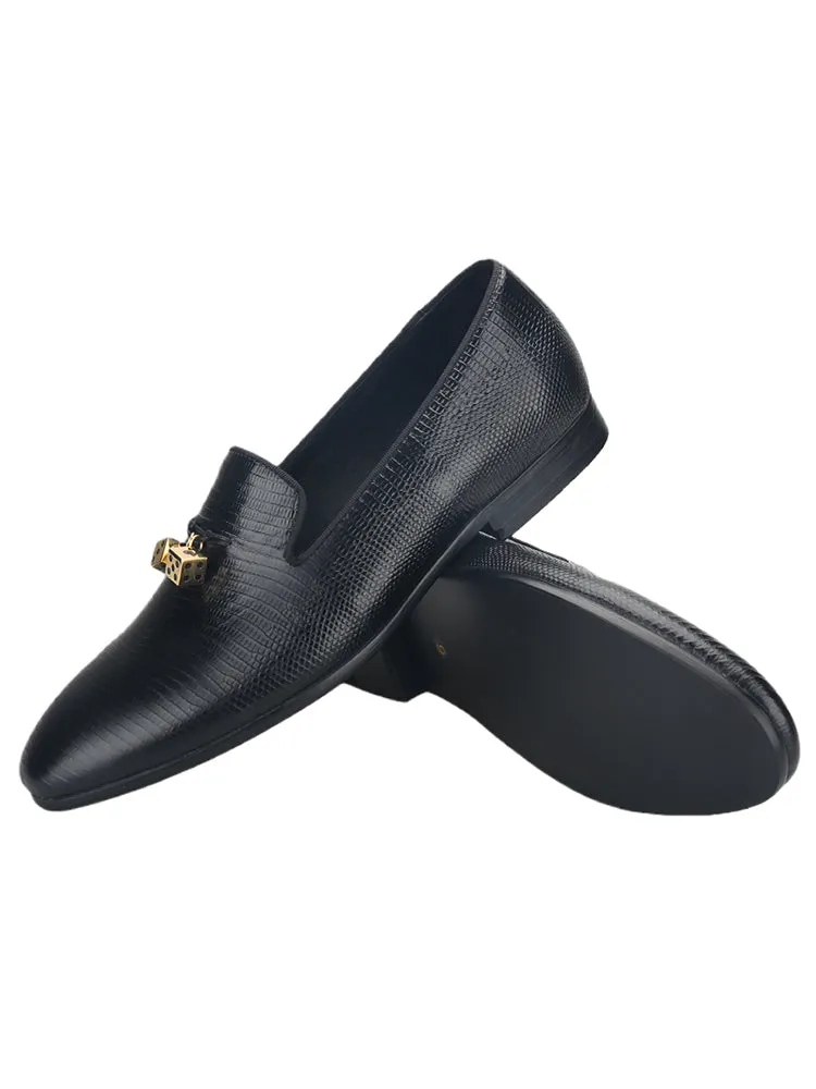 Italian design black lizard pattern embossed cowhide men's loafers gold titanium steel metal tassel yuppie shoes