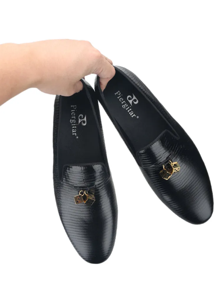Italian design black lizard pattern embossed cowhide men's loafers gold titanium steel metal tassel yuppie shoes
