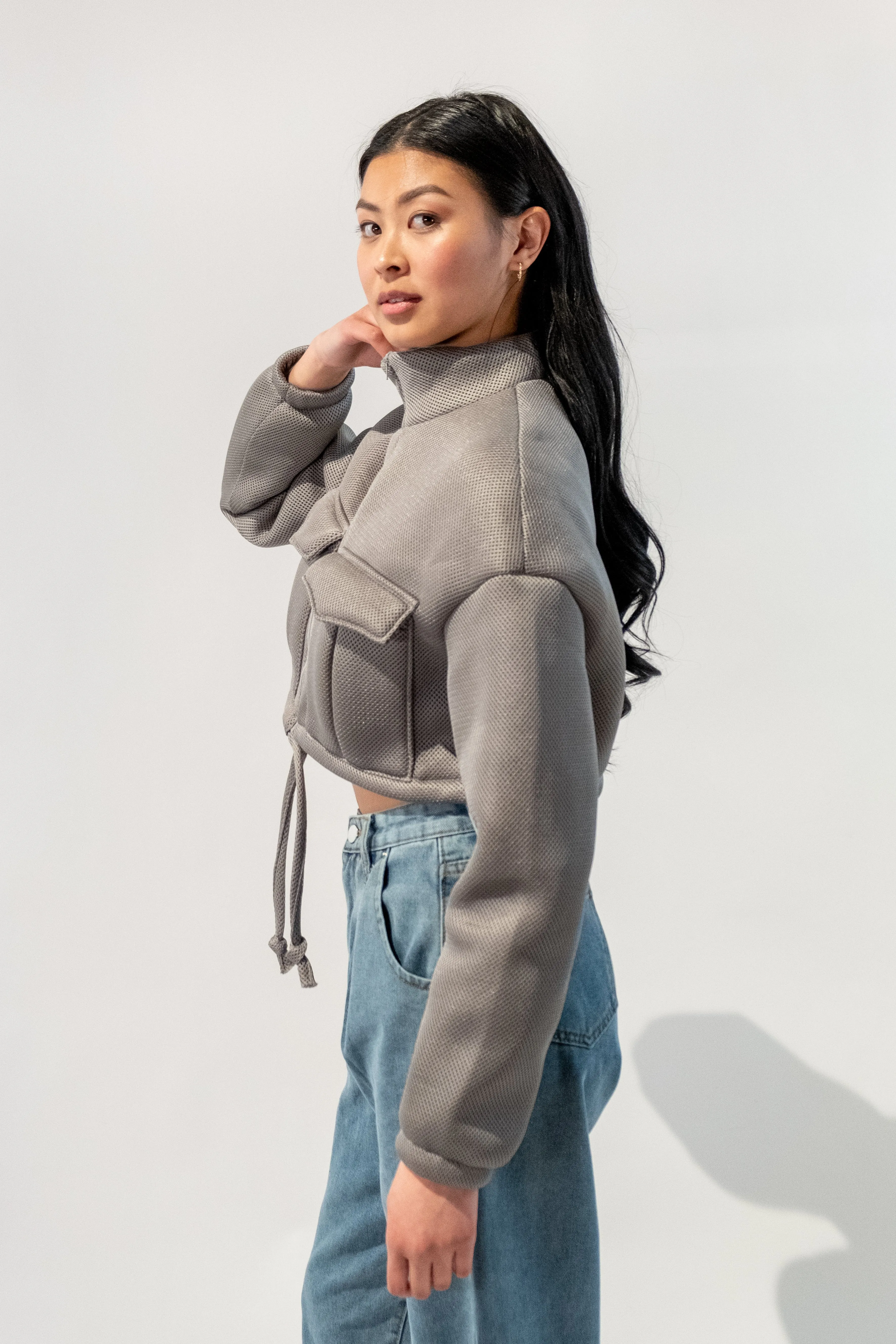 Mock Neck Oversized Cropped Jacket