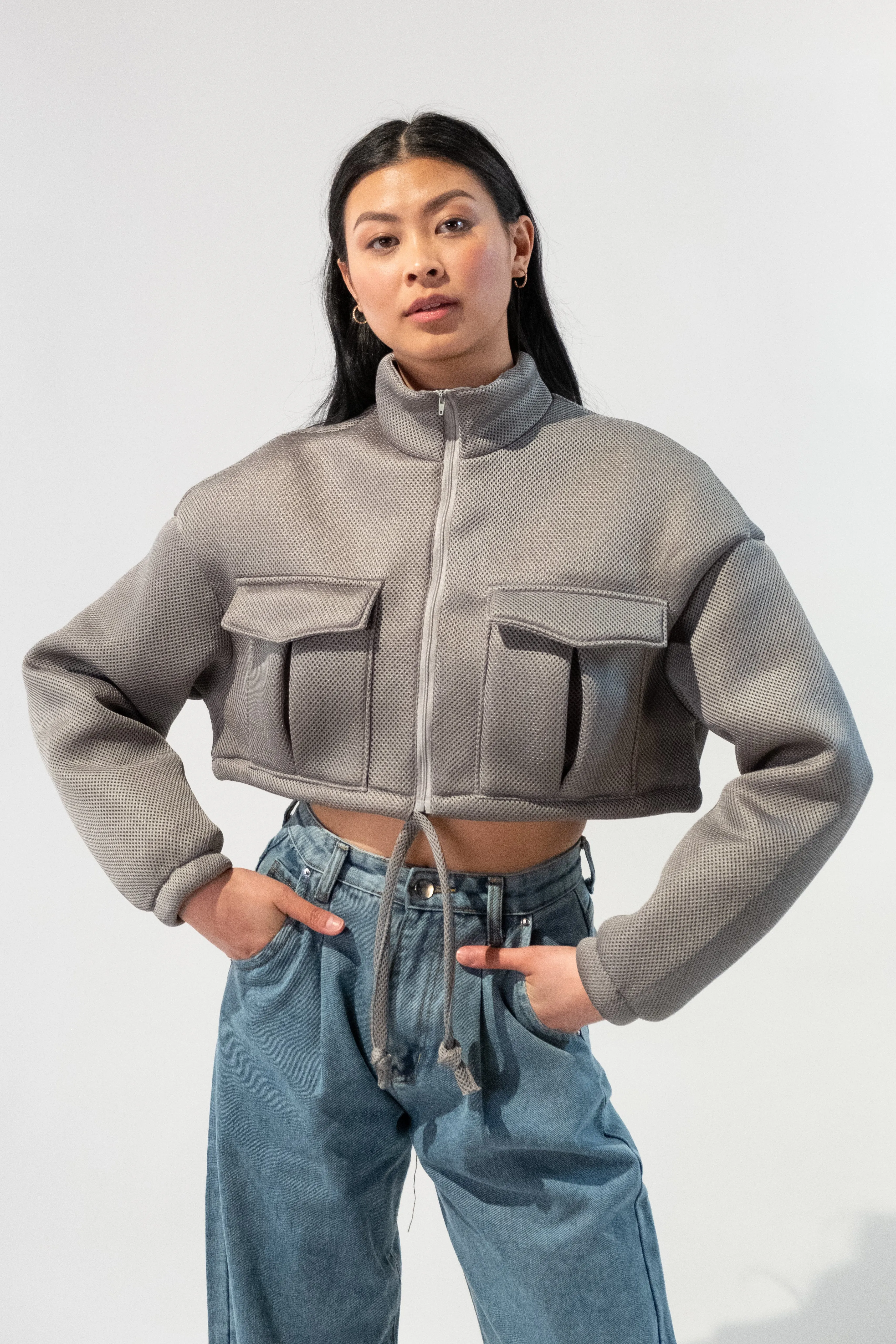 Mock Neck Oversized Cropped Jacket