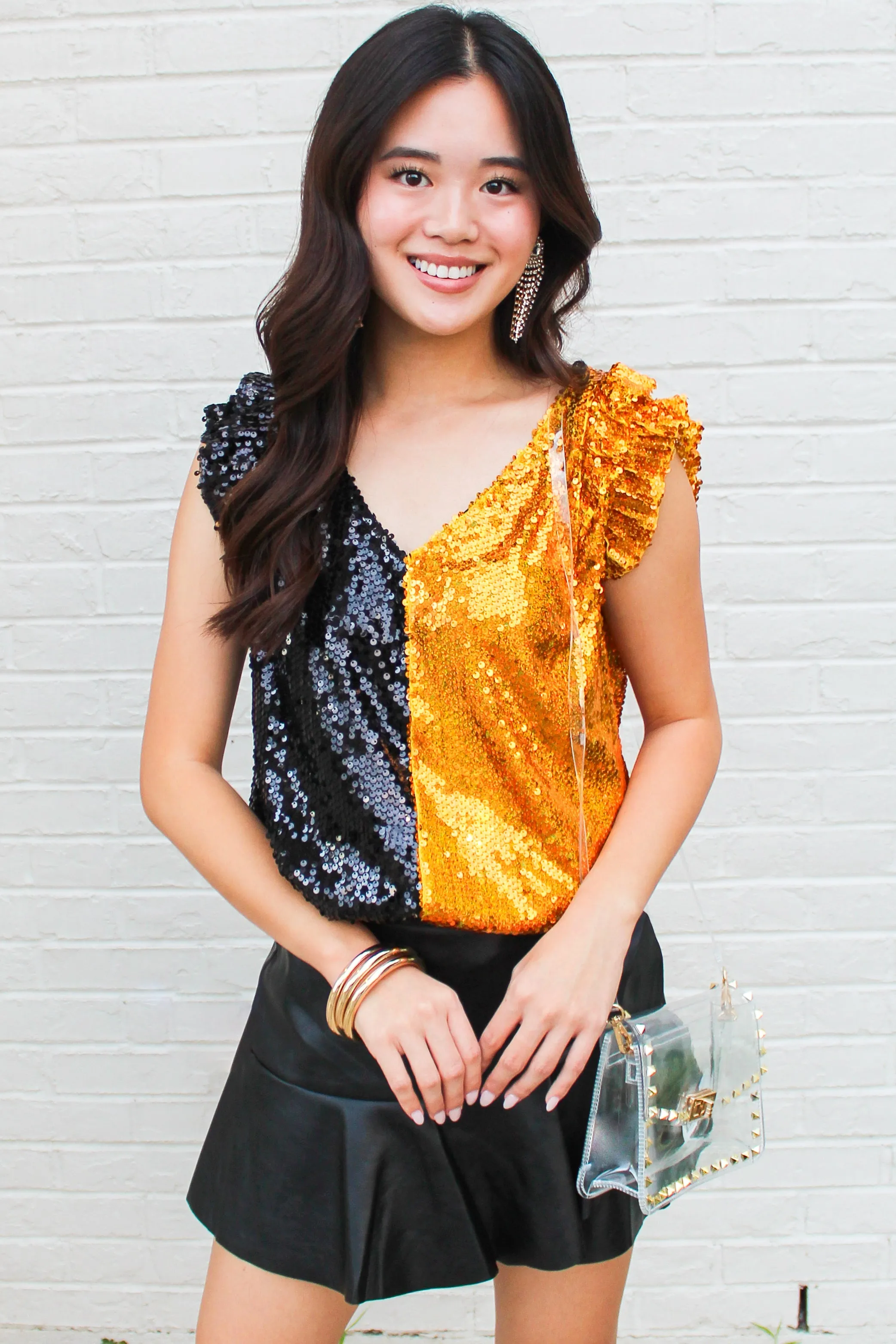 Two for One Sequin Ruffle Sleeve Tank in Black/Gold