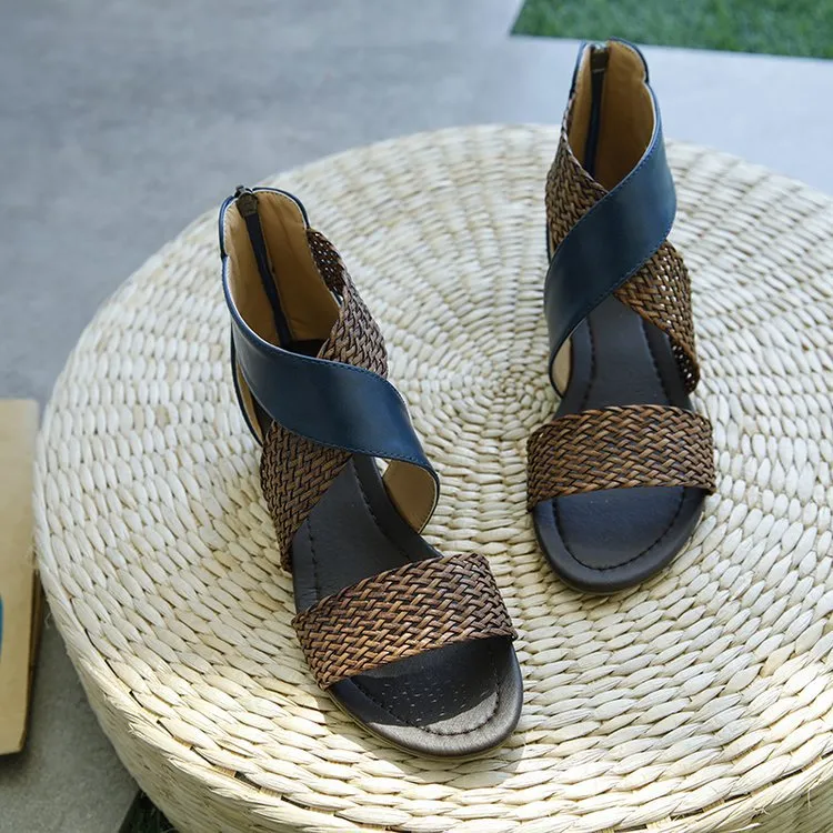 Vanccy Woman Rome Hemp Wedges Ladies Zippers Sandals