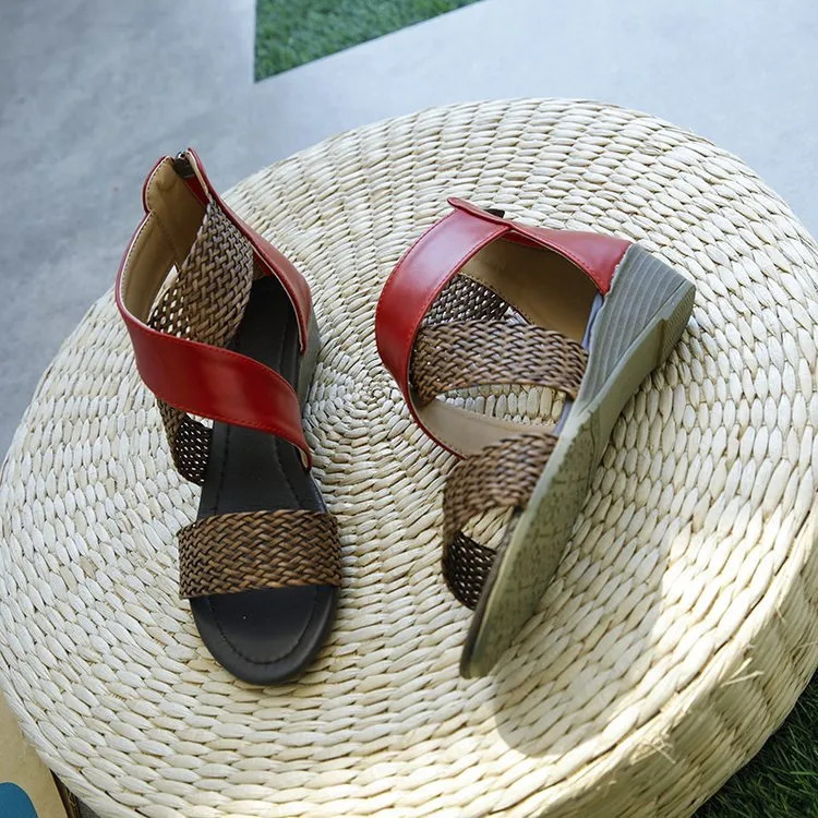 Vanccy Woman Rome Hemp Wedges Ladies Zippers Sandals