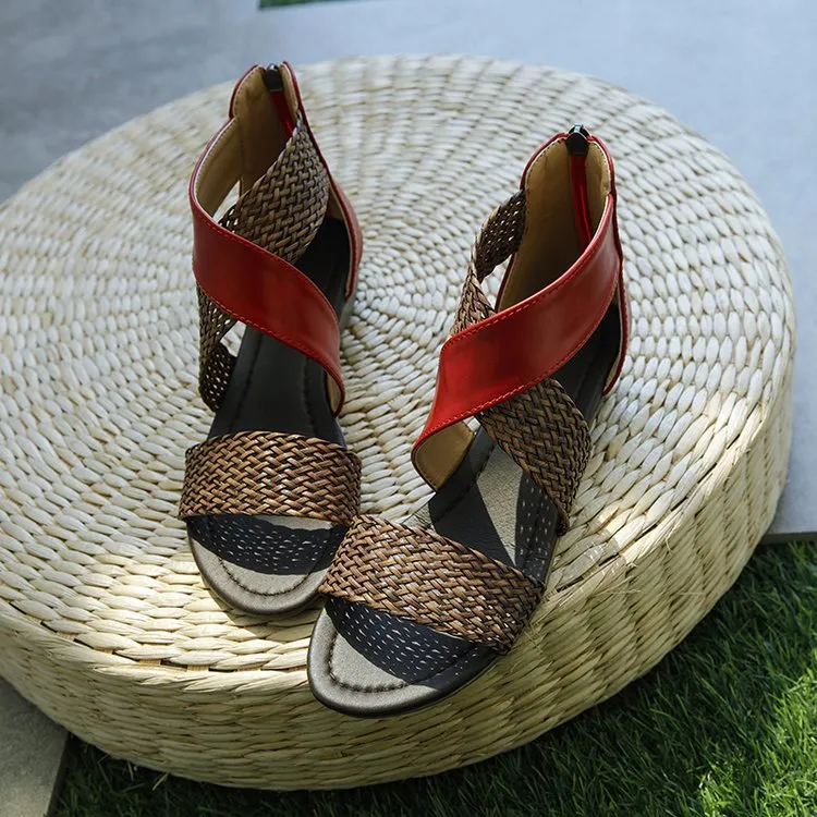 Vanccy Woman Rome Hemp Wedges Ladies Zippers Sandals