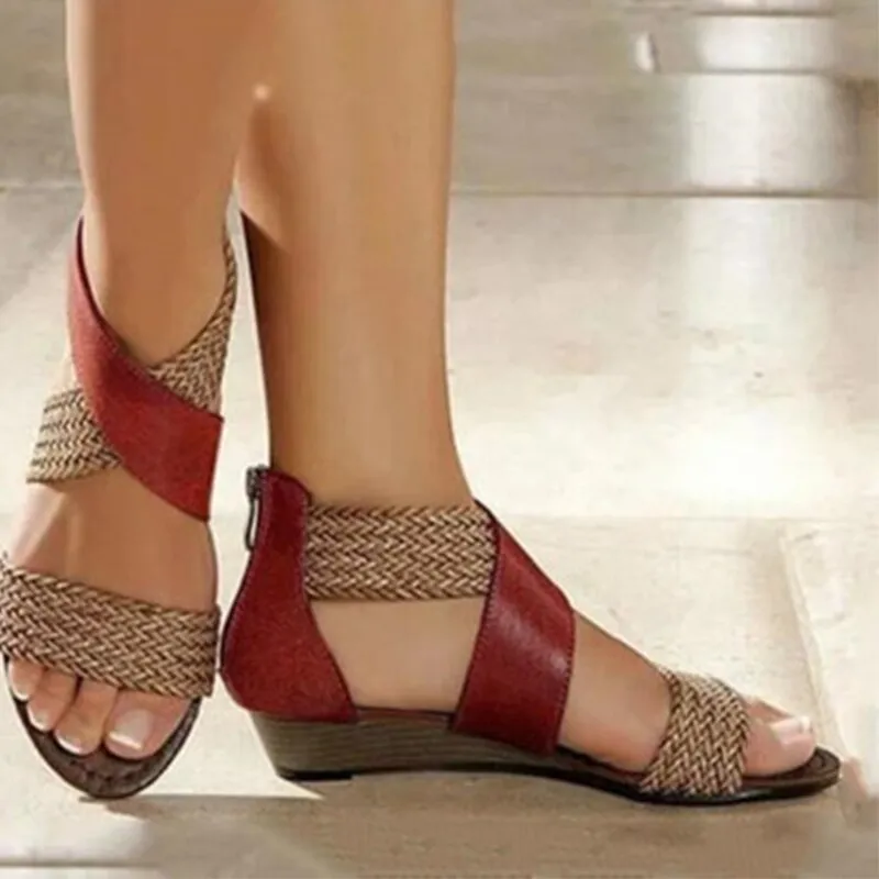 Vanccy Woman Rome Hemp Wedges Ladies Zippers Sandals