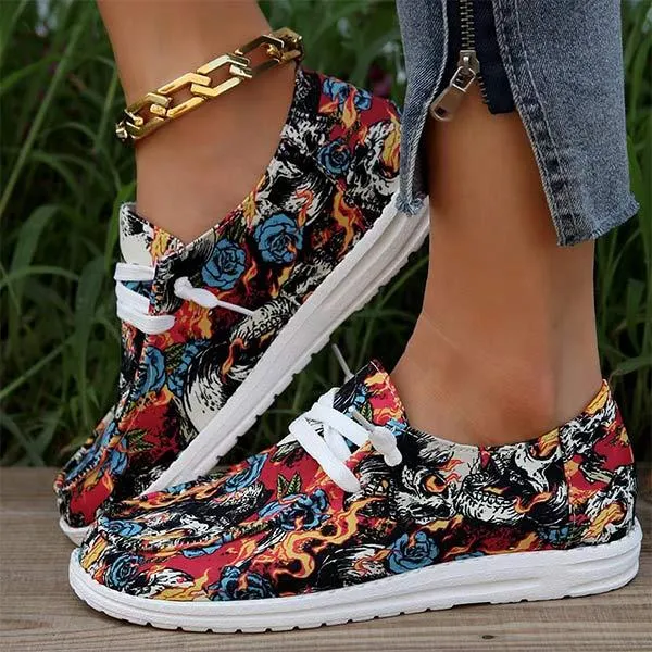 Women's Lace-Up Round Toe Flat Casual Shoes with Santa Claus Design 74167537C